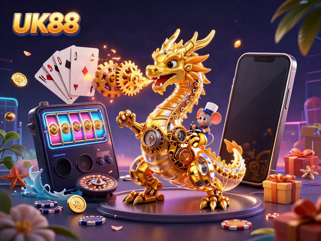 Engage with UK88's electrifying gaming experience featuring a golden dragon amidst vibrant gambling elements.