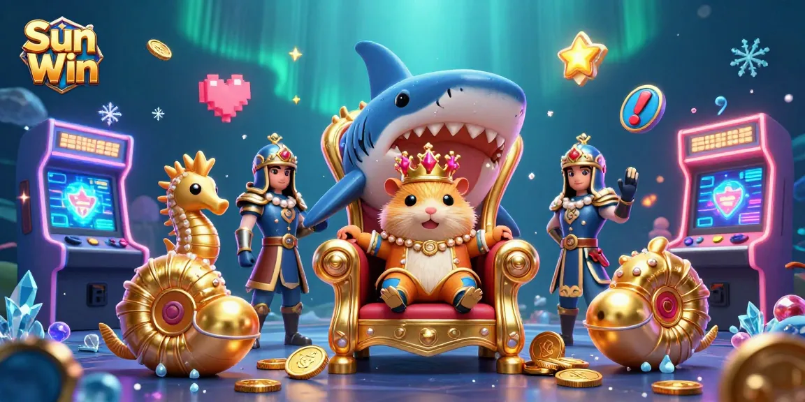 Experience the thrilling excitement of Sun Win with its vibrant casino-themed illustration featuring a hamster king, colorful arcade games, and a magical underwater backdrop.