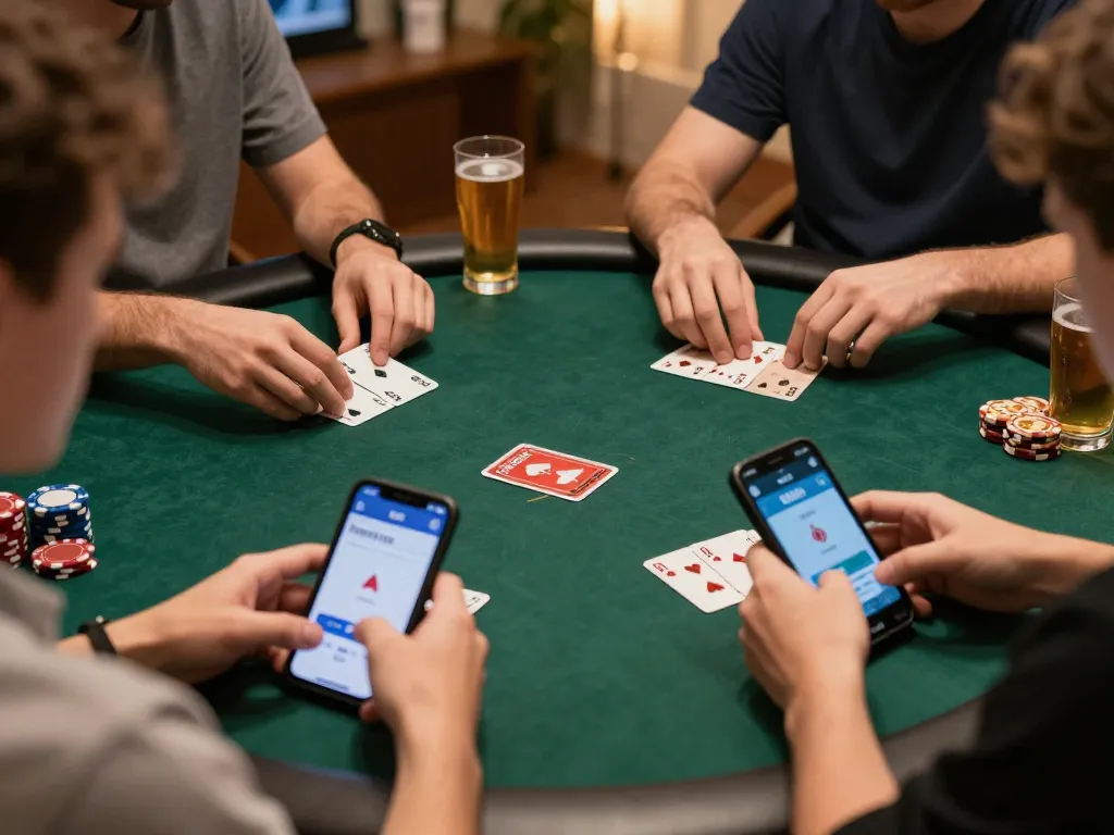 MB66 players strategizing their next move during an intense online poker game at home.