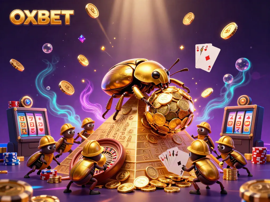 Experience OXBET's vibrant gambling world with a golden dung beetle and casino elements.