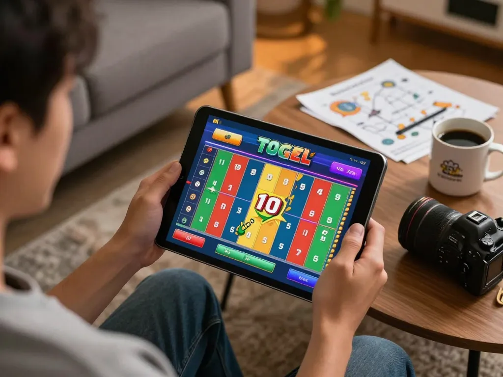 Winwin online gaming session highlights vibrant Togel interface on tablet in cozy setting.