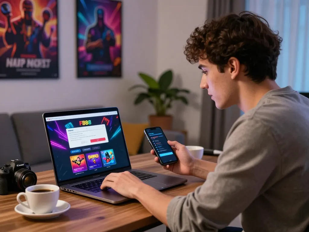 Young man focused on fb88 đăng nhập in a vibrant gaming environment with laptop and smartphone.