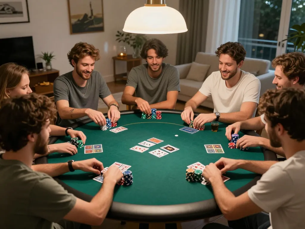 Engaging poker night with friends showcasing iwin strategy and excitement in a cozy home.