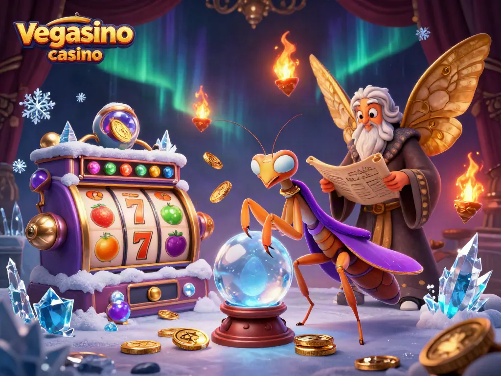 Engage with vegasino casino's enchanting 3D scene featuring a fortune teller and captivating game elements.