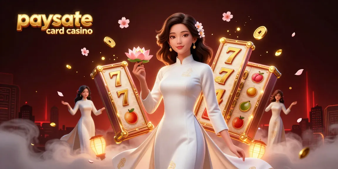 Paysafe Card Casino-Szene mit einer gelassenen asiatischen Frau, umgeben von goldenen Münzen und Kirschblüten, die von lebhaften Slot-Spiel-Elementen umgeben ist
