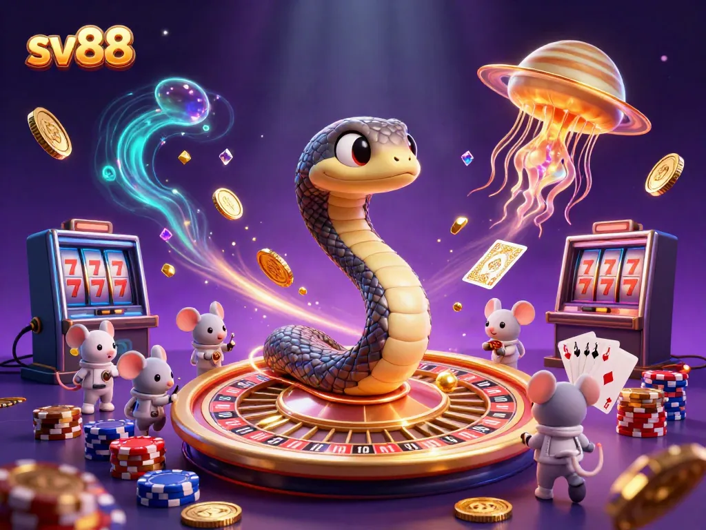 Experience thrilling bets with sv88 in an ultra-detailed cosmic casino scene with vibrant characters.