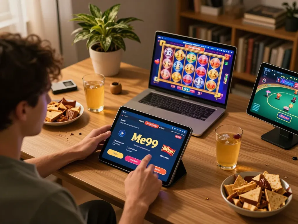 Engaging with the Me99 app for a slots game during a cozy home session.