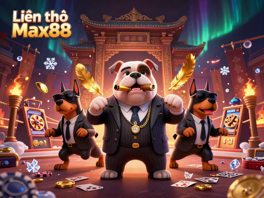 Engage with Liên hệ Max88 through a vibrant illustration of a mafia-style casino scene featuring a bulldog boss and bodyguards.