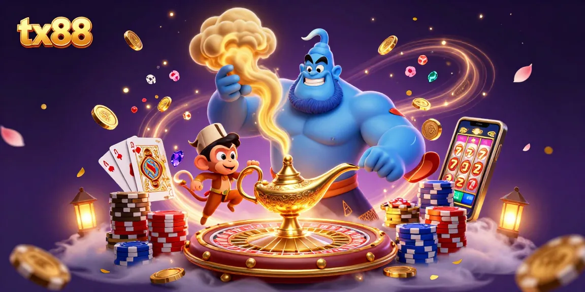 Experience thrilling wins on tx88 as a genie grants you casino riches with vibrant poker elements.