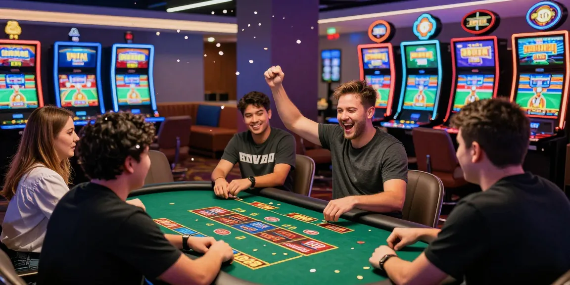 Excited group celebrating a win at lc88 casino gaming table surrounded by bright slot machines.