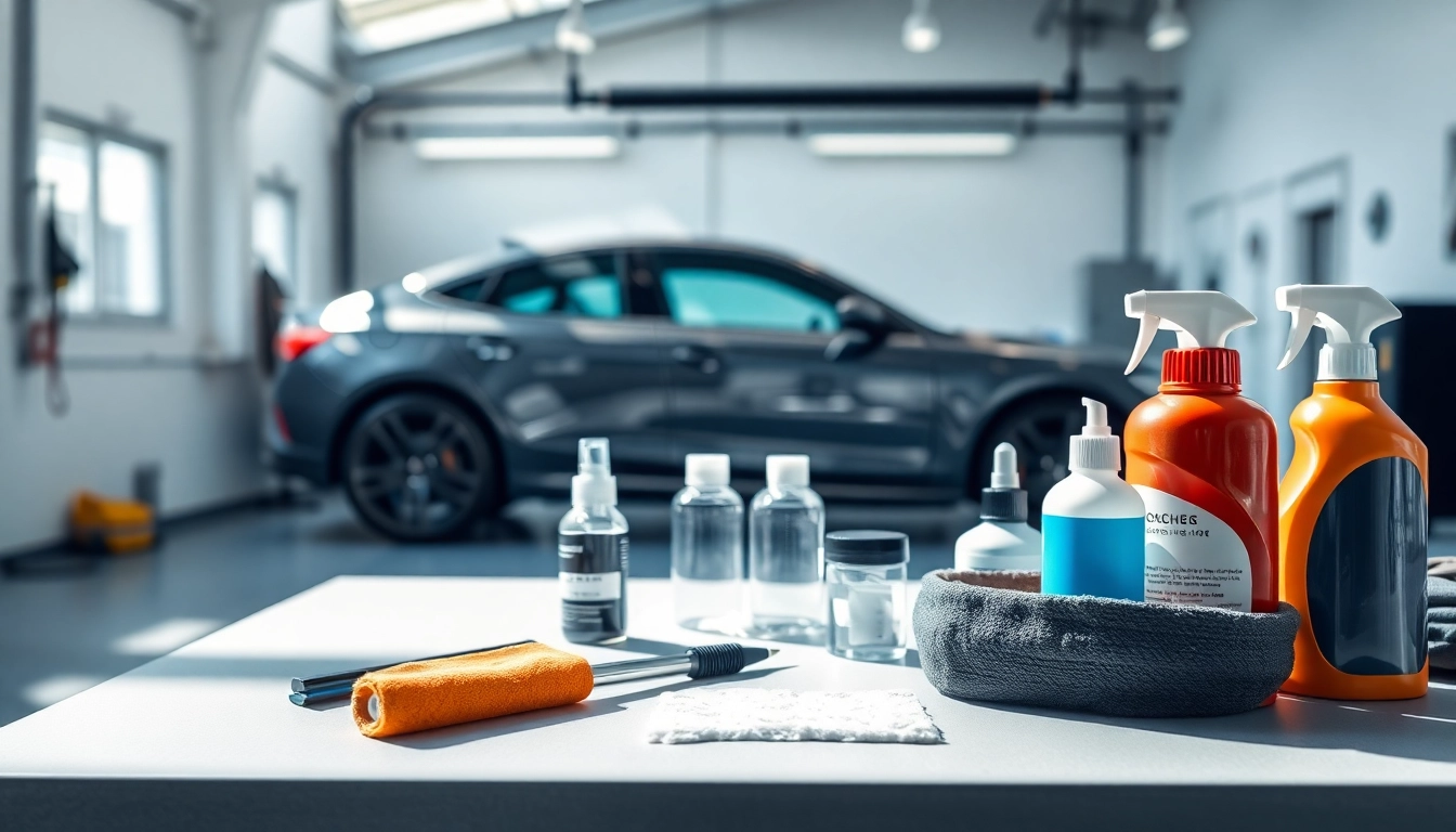 Fahrzeugaufbereitung mit modernen Detailing-Werkzeugen und einem glänzenden Auto im Hintergrund.