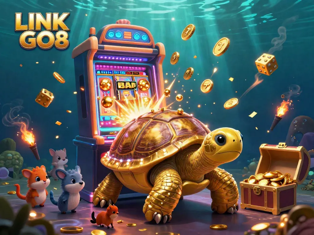 Engage with the colorful casino atmosphere of LINK GO8 featuring a whimsical illustration of a tortoise pinball machine and dynamic gaming elements.