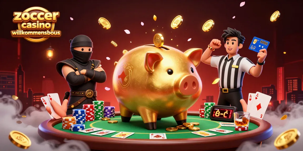 Zoccer casino willkommensbonus promotes thrilling gameplay with a golden piggy bank sumo wrestler and poker elements.