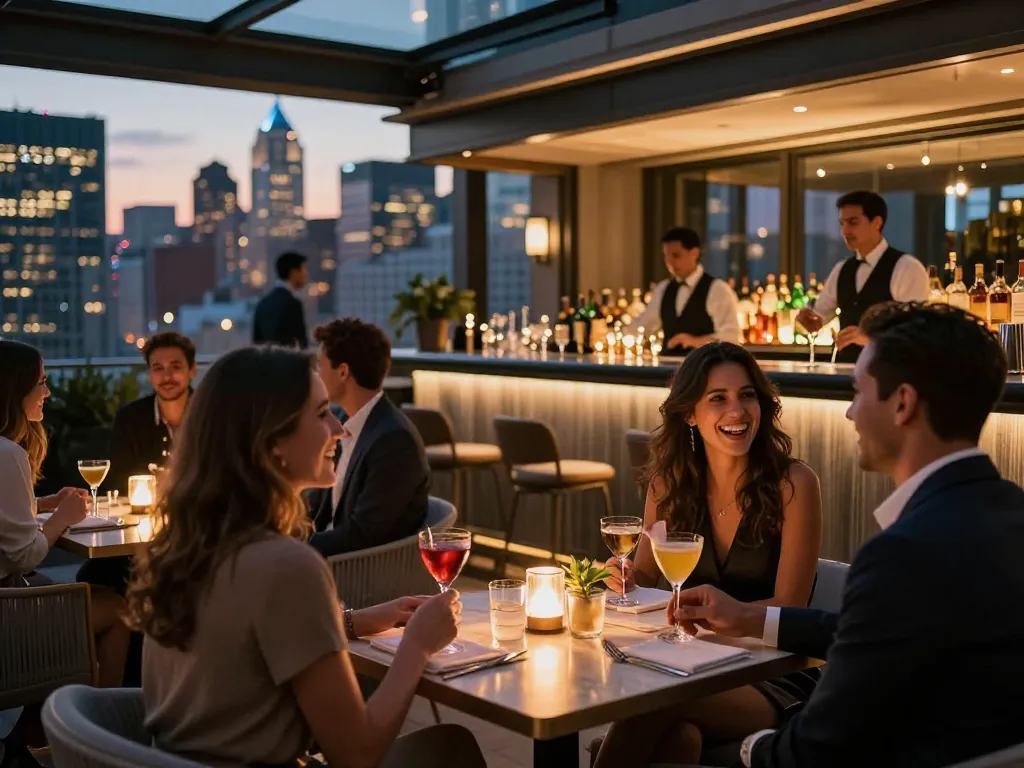 NoHu rooftop bar scene featuring patrons enjoying cocktails with city skyline views