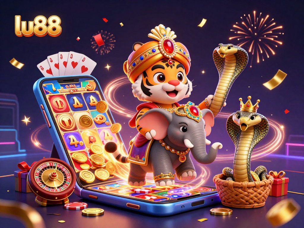 Experience thrilling gaming with LU88 as the maharaja tiger rides a jewel elephant amidst vibrant casino elements.