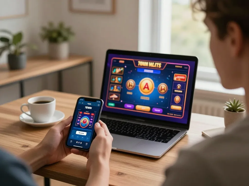 Engaging gameplay on the 78WIN app in a stylish home office, showcasing mobile betting excitement.