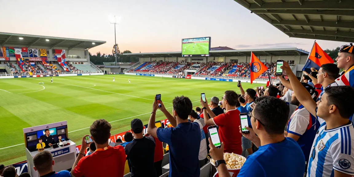 Fans wetten Fußball live im Stadion, jubeln bei einem spannenden Spiel und nutzen ihre Wett-Apps.
