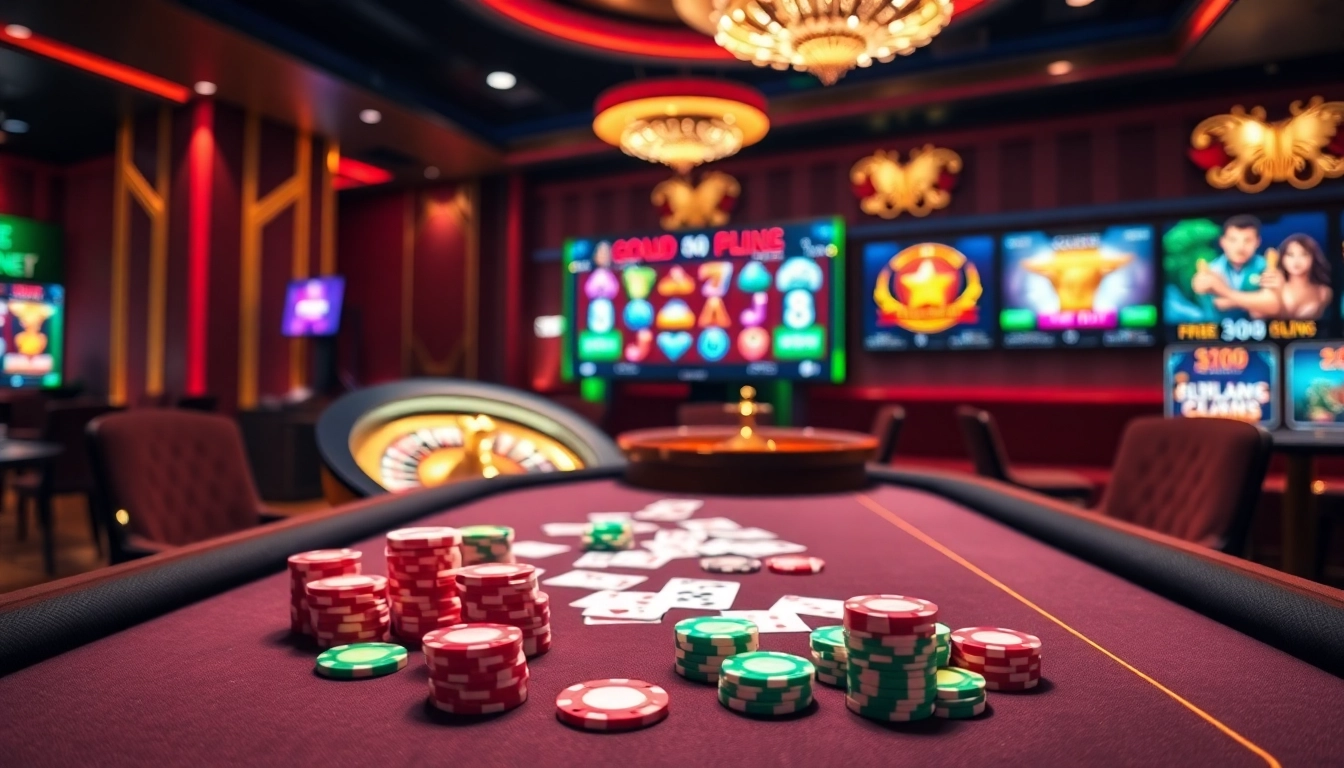 Engaging GG88 online casino scene with poker chips, cards, and roulette wheel.