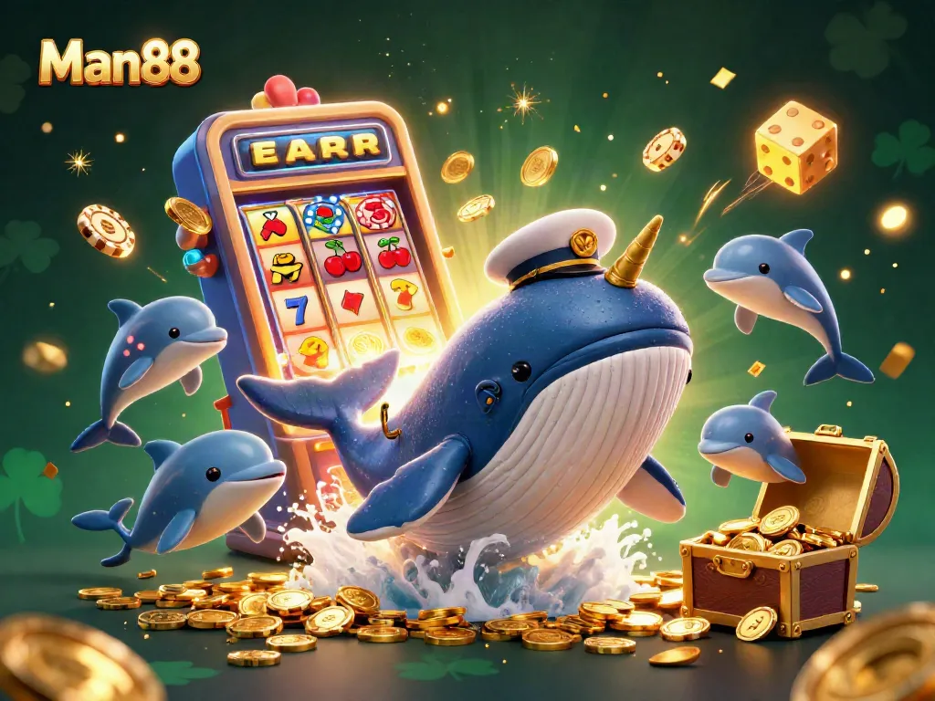 Win big at Man88 with an exciting scene of a whale, narwhal, and dolphins amidst casino elements.