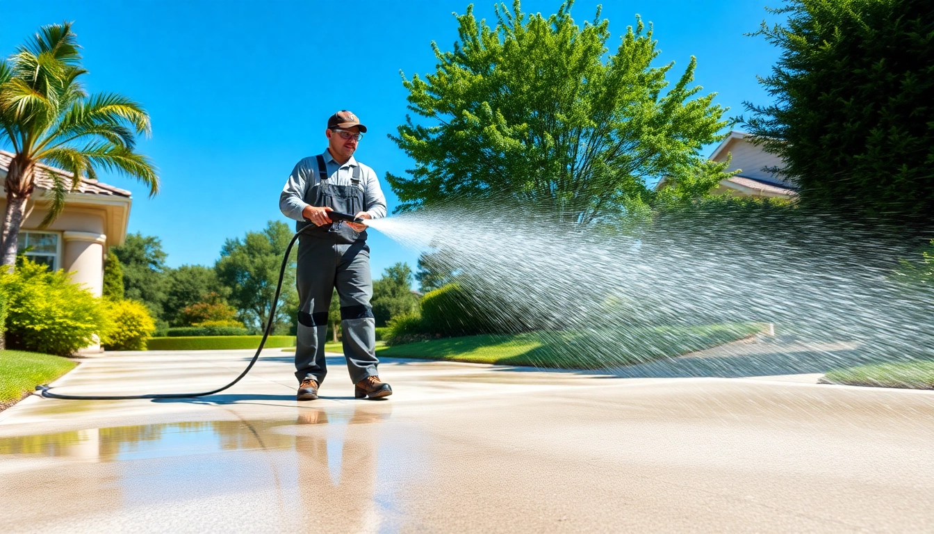 Driveway pressure wash showcasing professional service revitalizing concrete with water spray.