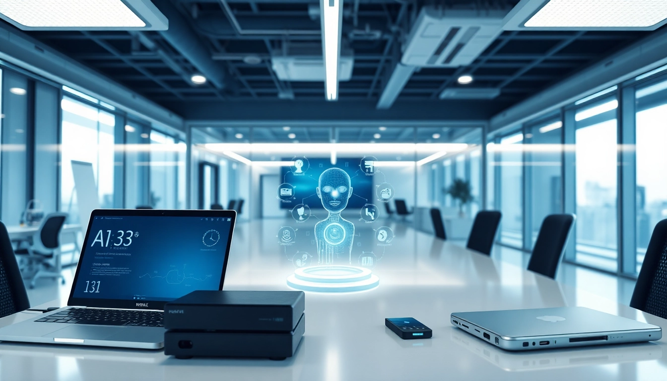 Technologie-Integration in einem modernen Büro mit digitalen Geräten und AI-Interfaces.