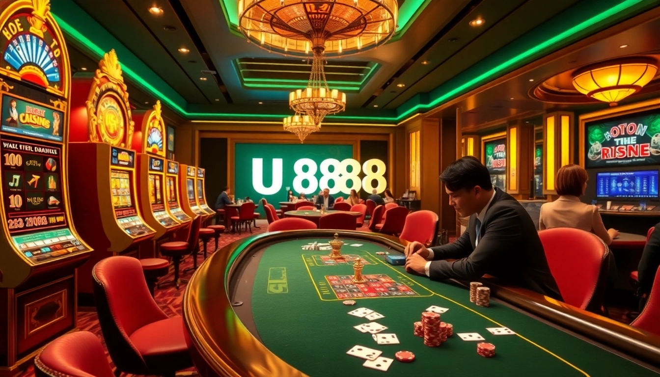 U888 casino players enjoying a vibrant poker game in a luxurious setting.