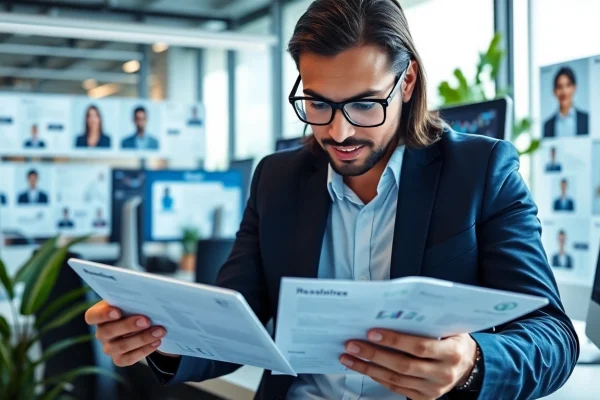 Headhunter IT analysiert Lebensläufe in einem modernen Büro.