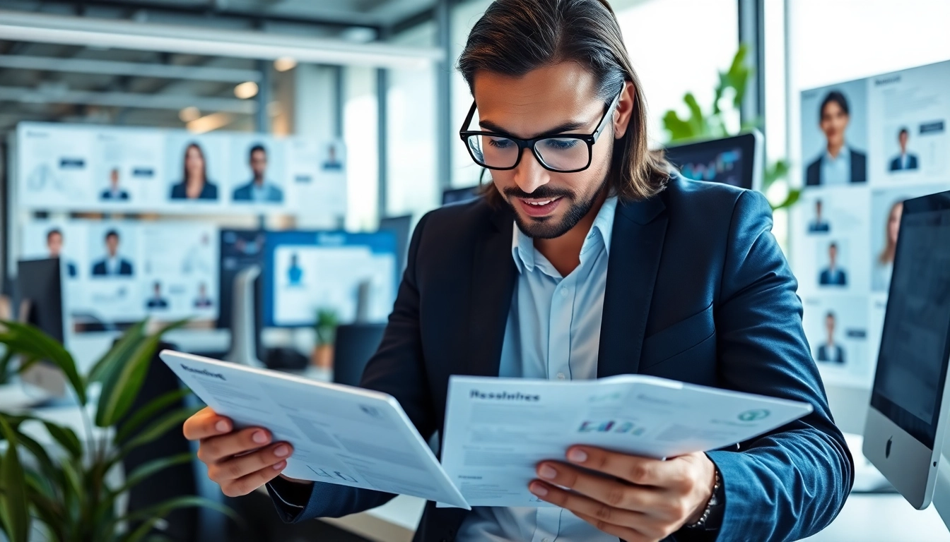 Headhunter IT analysiert Lebensläufe in einem modernen Büro.