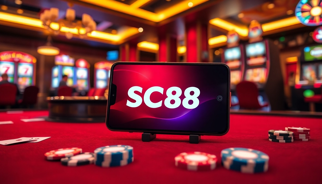 Experience the thrill of the SC88 App in a luxurious casino setting, featuring vibrant gaming elements.