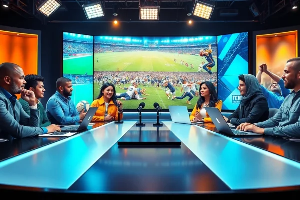 Dynamic scene of sports broadcasting showcasing hosts engaging viewers with live updates.