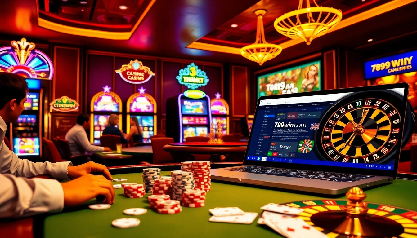 Excited players engaging in poker while accessing 789win com on a laptop, surrounded by vibrant casino elements.