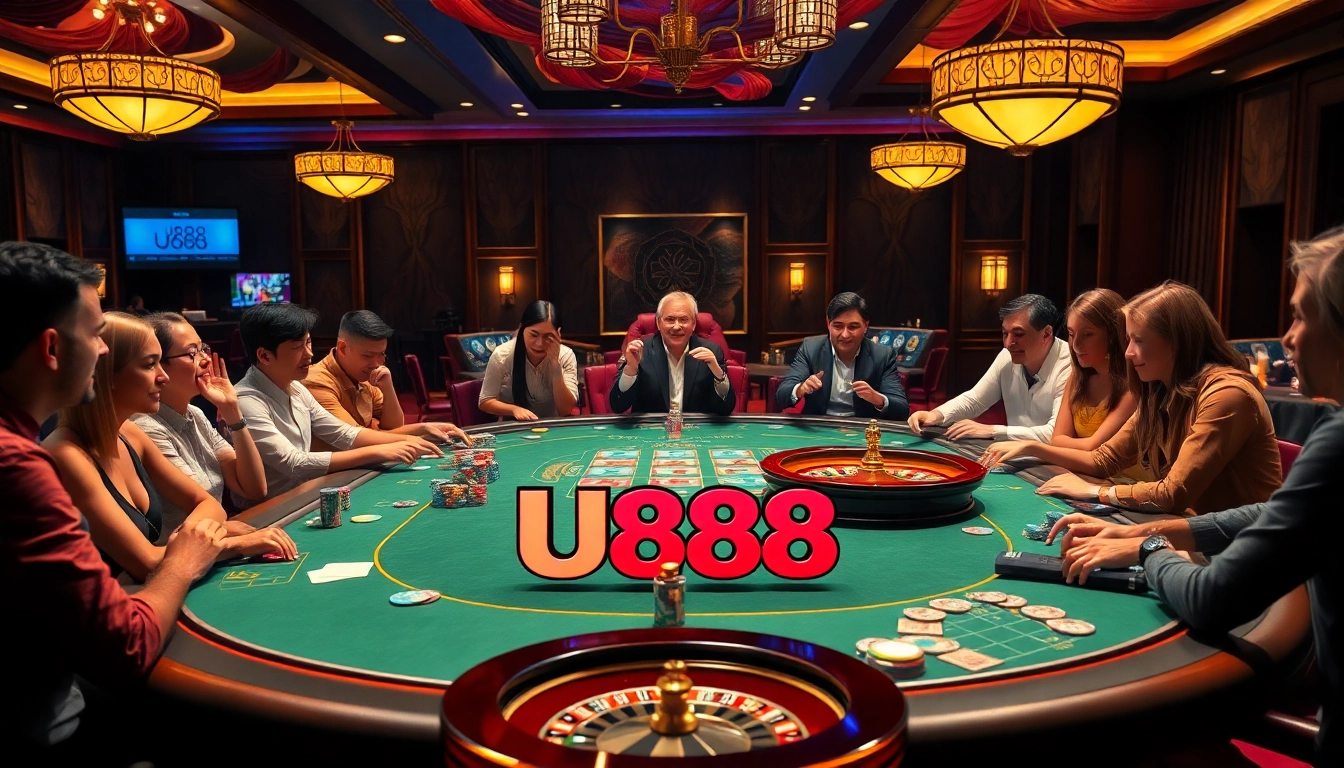 Players experiencing the excitement of U888 casino games with vibrant poker chips and a roulette wheel.