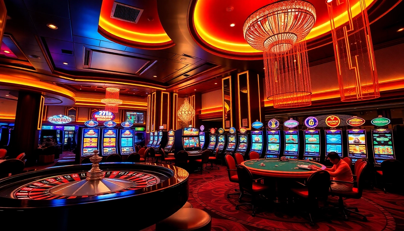Players engaging in thrilling games at qh88 casino, featuring roulette and slot machines.