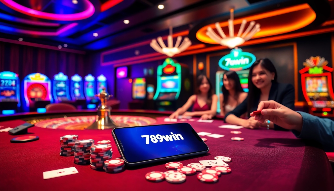 A lively casino scene showcasing the excitement of betting at nhà cái 789win with elegant tables and vibrant slot machines.