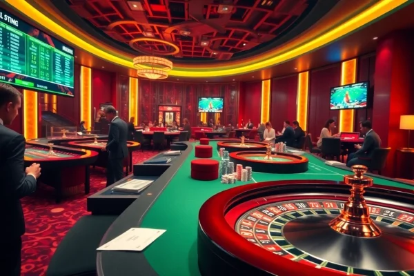 Tỷ lệ kèo nhà cái displayed on a digital board in a lively casino with betting activities.