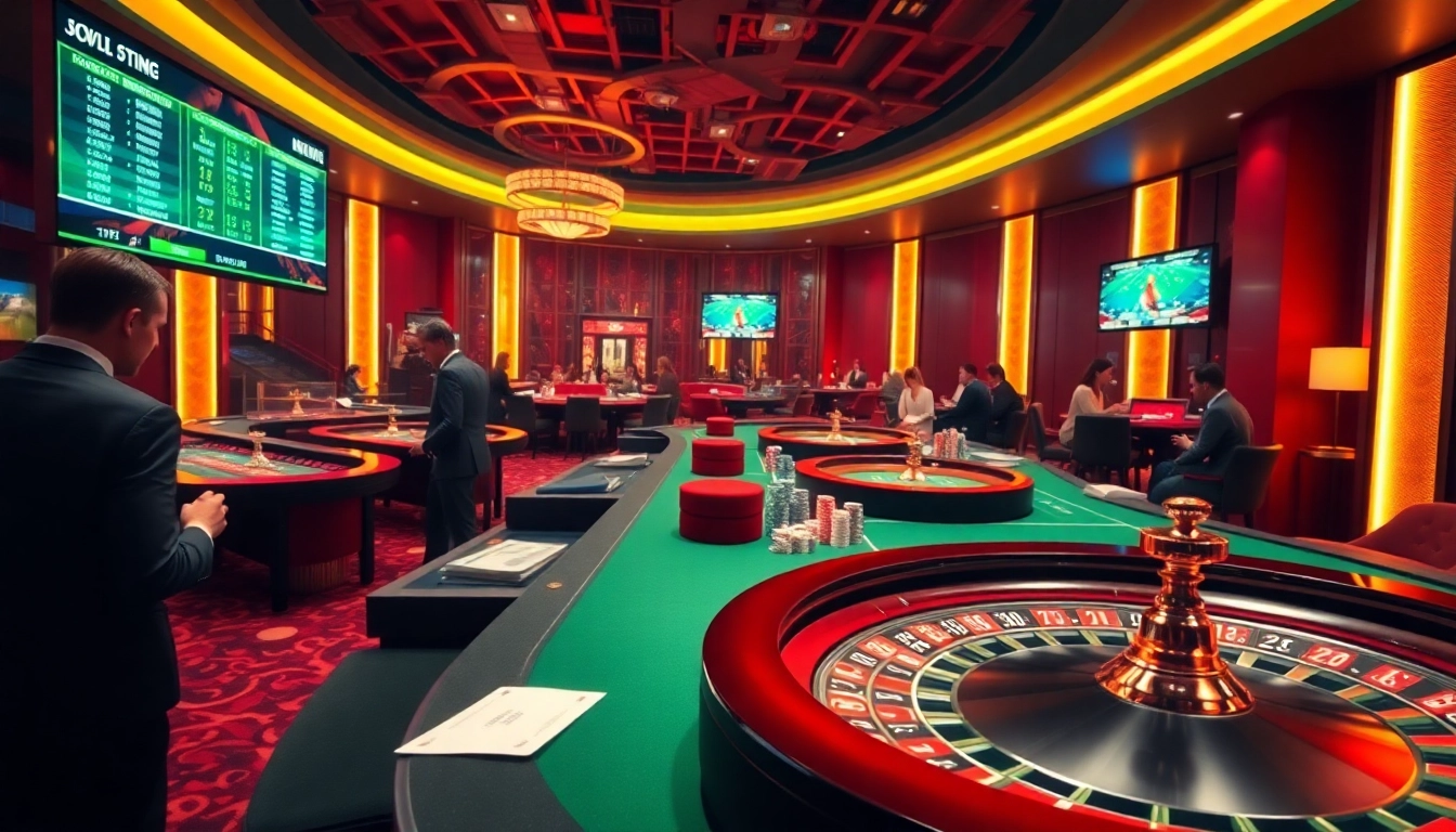 Tỷ lệ kèo nhà cái displayed on a digital board in a lively casino with betting activities.