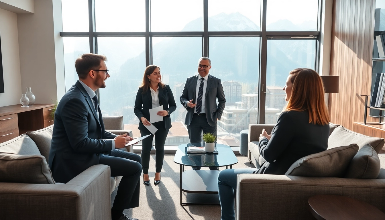 Headhunter Schweiz berät Klienten in einem modernen Büro mit Bergblick.