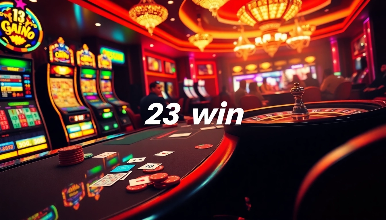 Players are enjoying a game of poker at 23win, surrounded by colorful slot machines and a vibrant casino atmosphere.