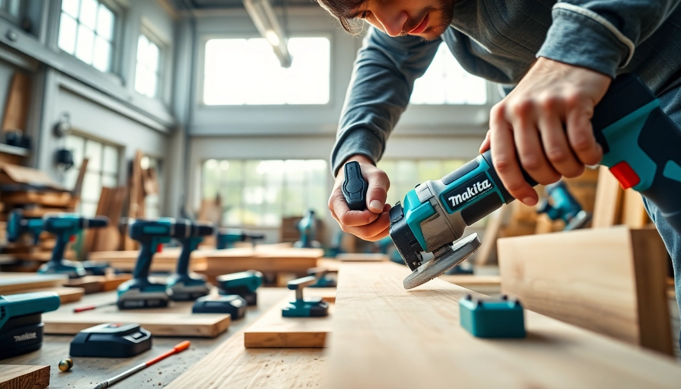 Professioneller Arbeitsplatz mit aktiver Nutzung von Makita Elektrowerkzeugen durch einen Handwerker.