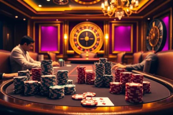 A gambler using a Plagiatscanner-themed poker chip at a luxurious casino table during an intense game.