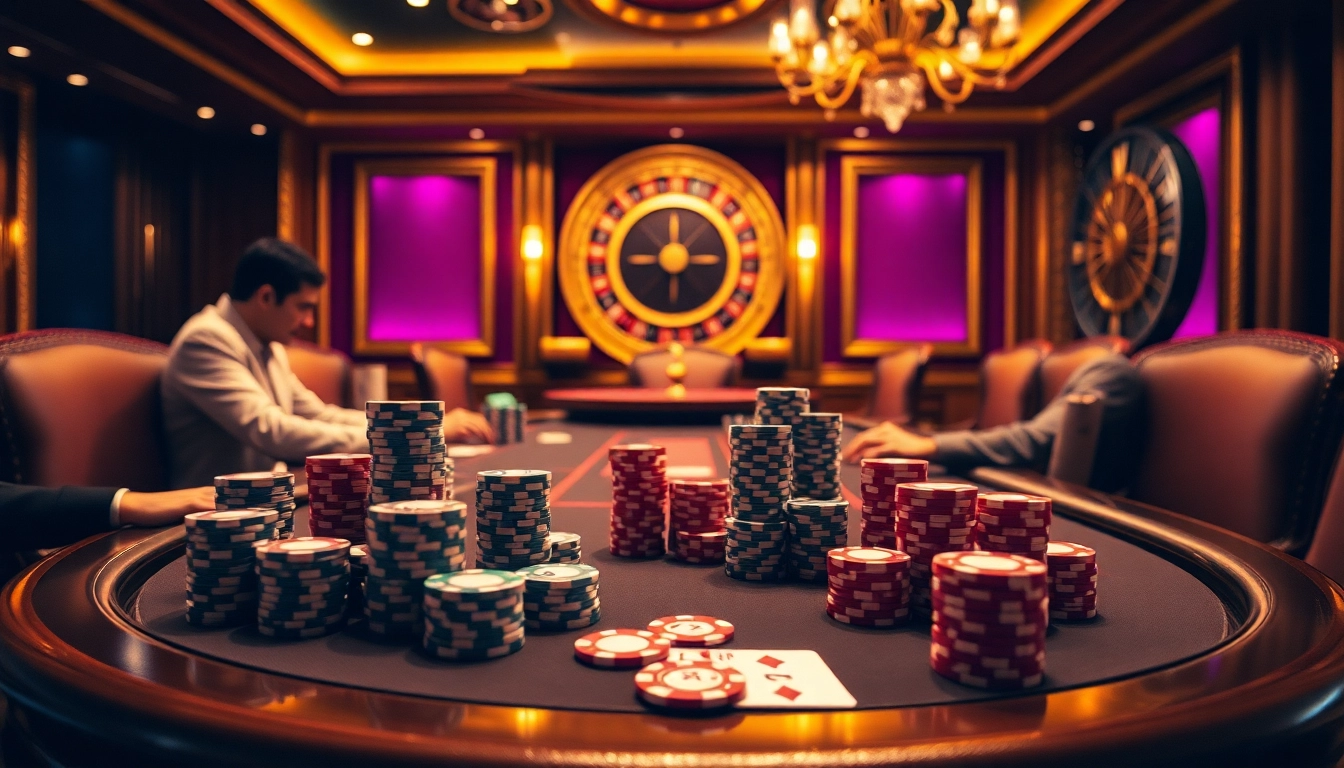 A gambler using a Plagiatscanner-themed poker chip at a luxurious casino table during an intense game.