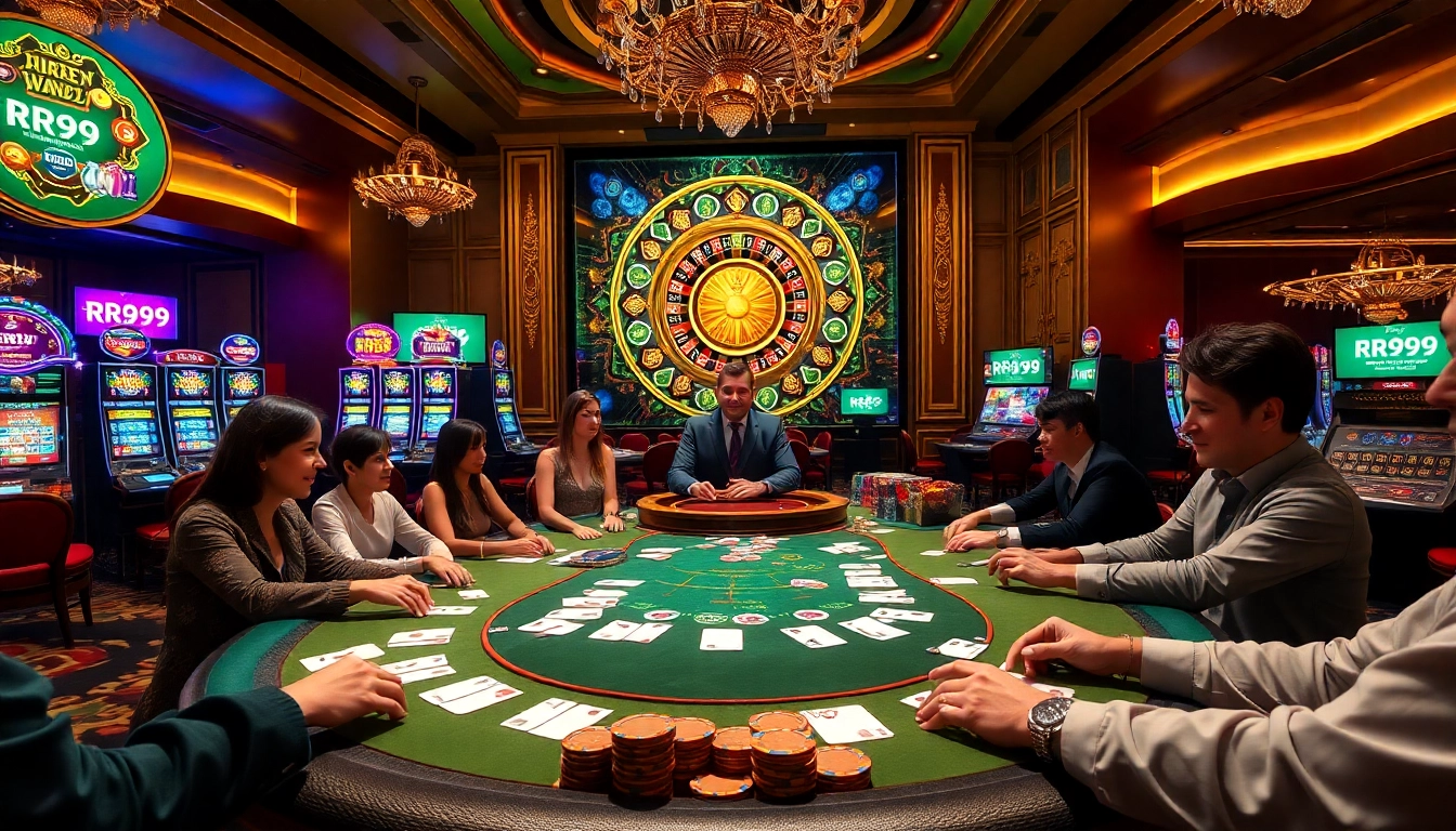 RR99 casino players joyfully placing bets at a lively poker table.