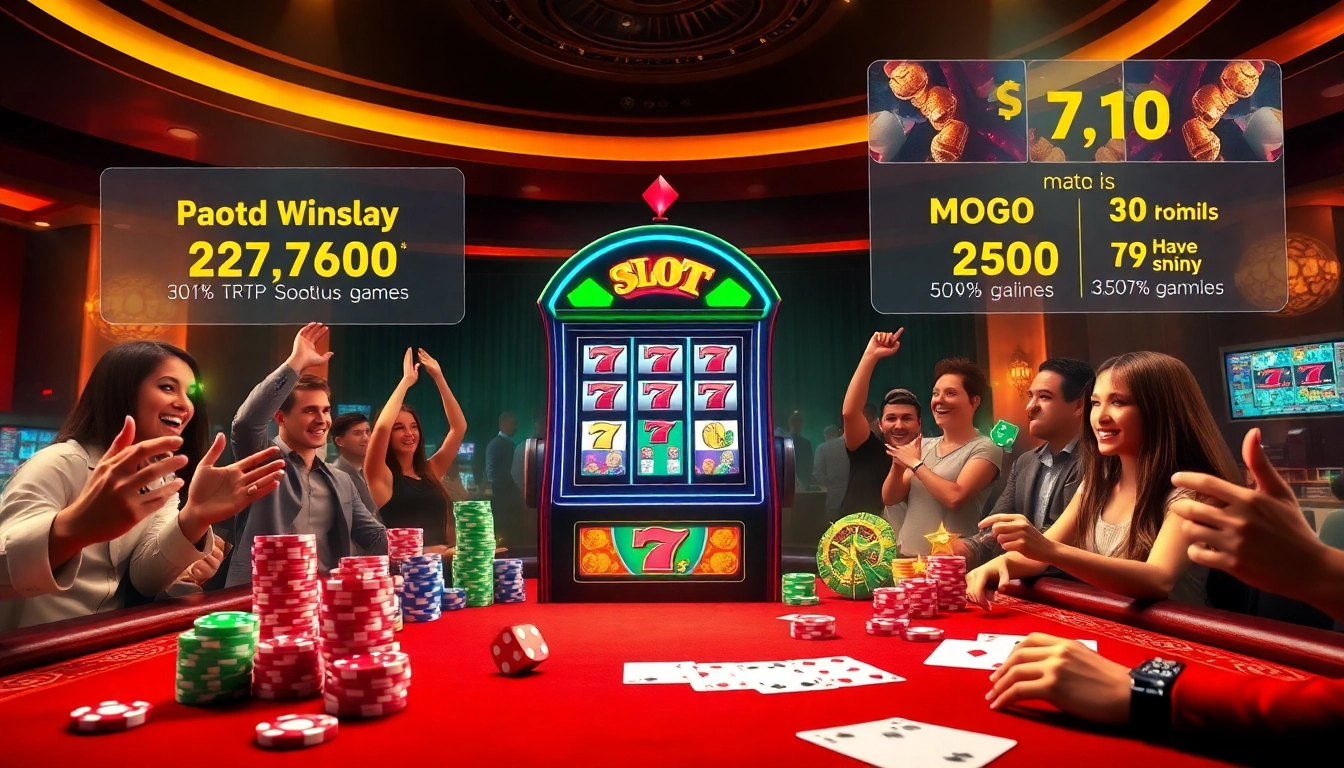 Excited players celebrating wins at the Slot777 machine in a luxurious casino setting.