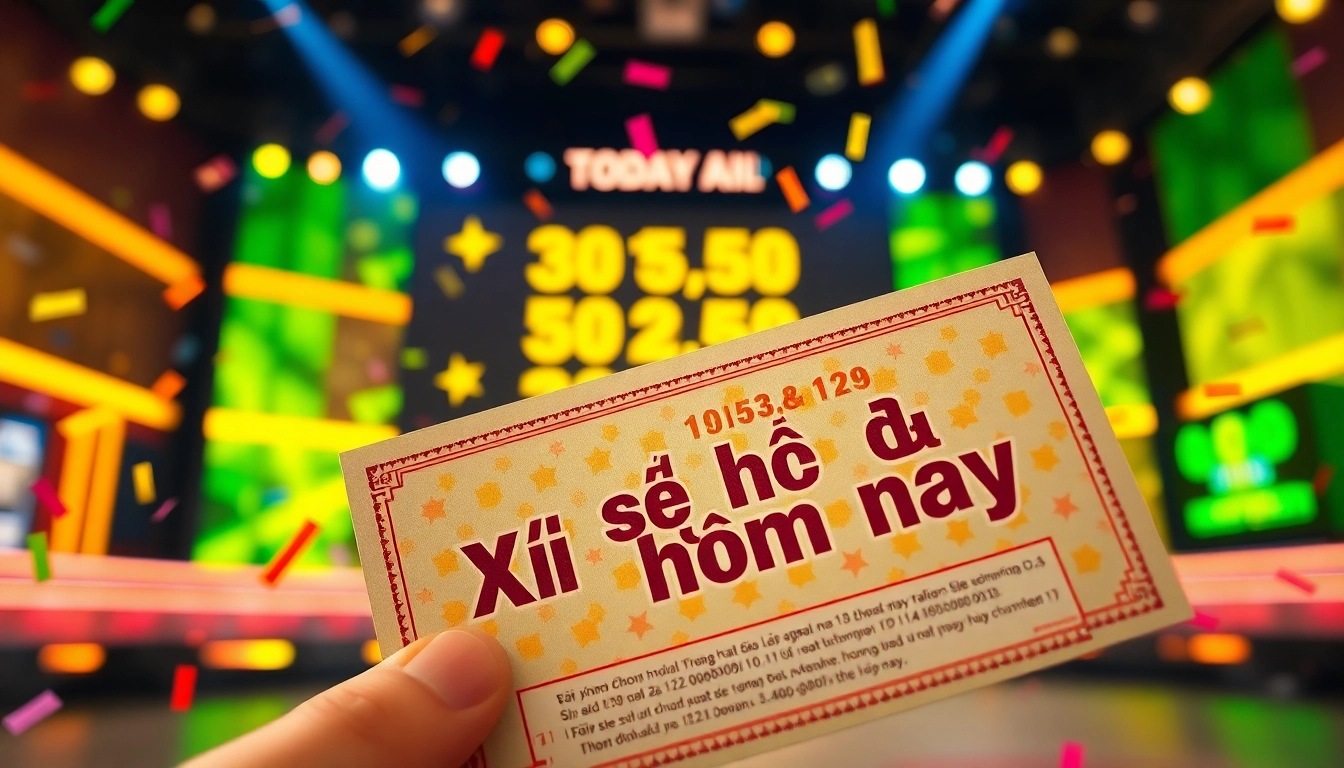Xổ số hôm nay winning lottery ticket displayed with colorful confetti and festive lights.