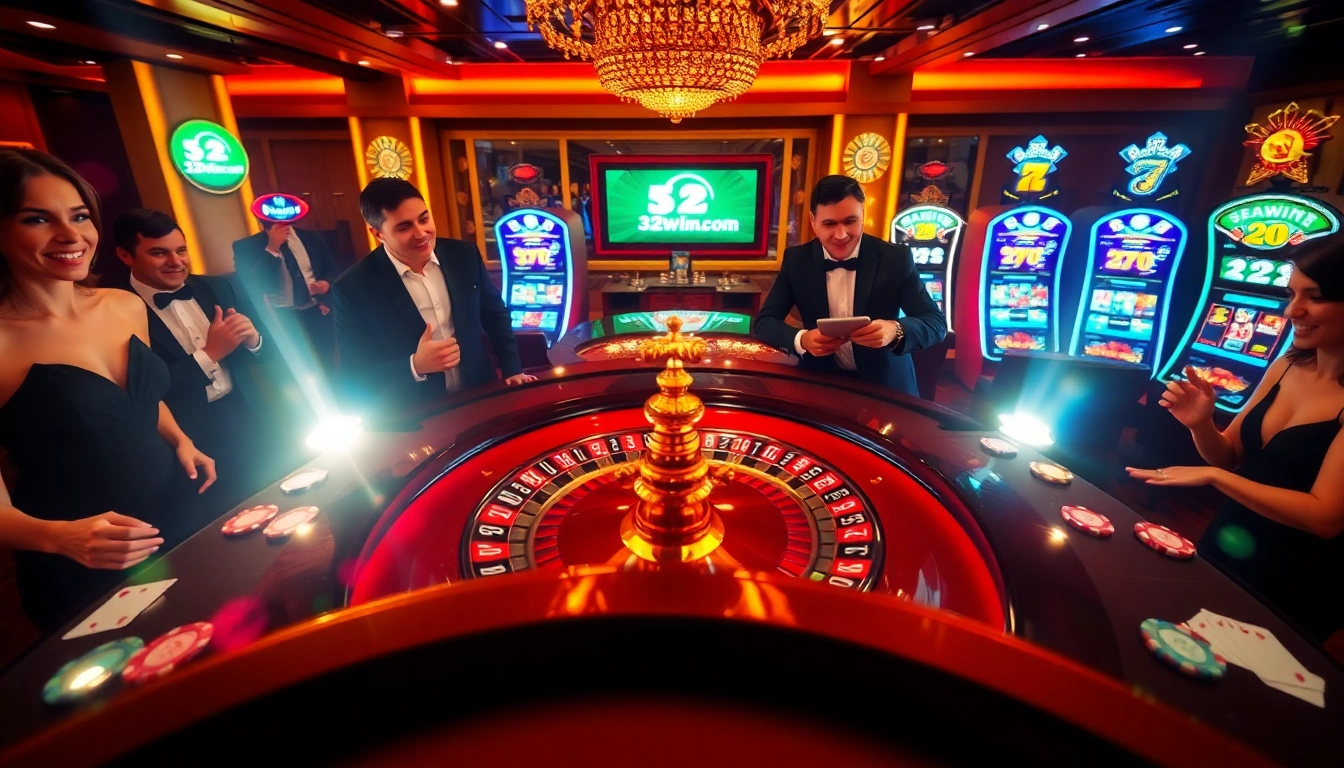 Excited players at a roulette table experiencing 32wincom's luxury casino atmosphere.
