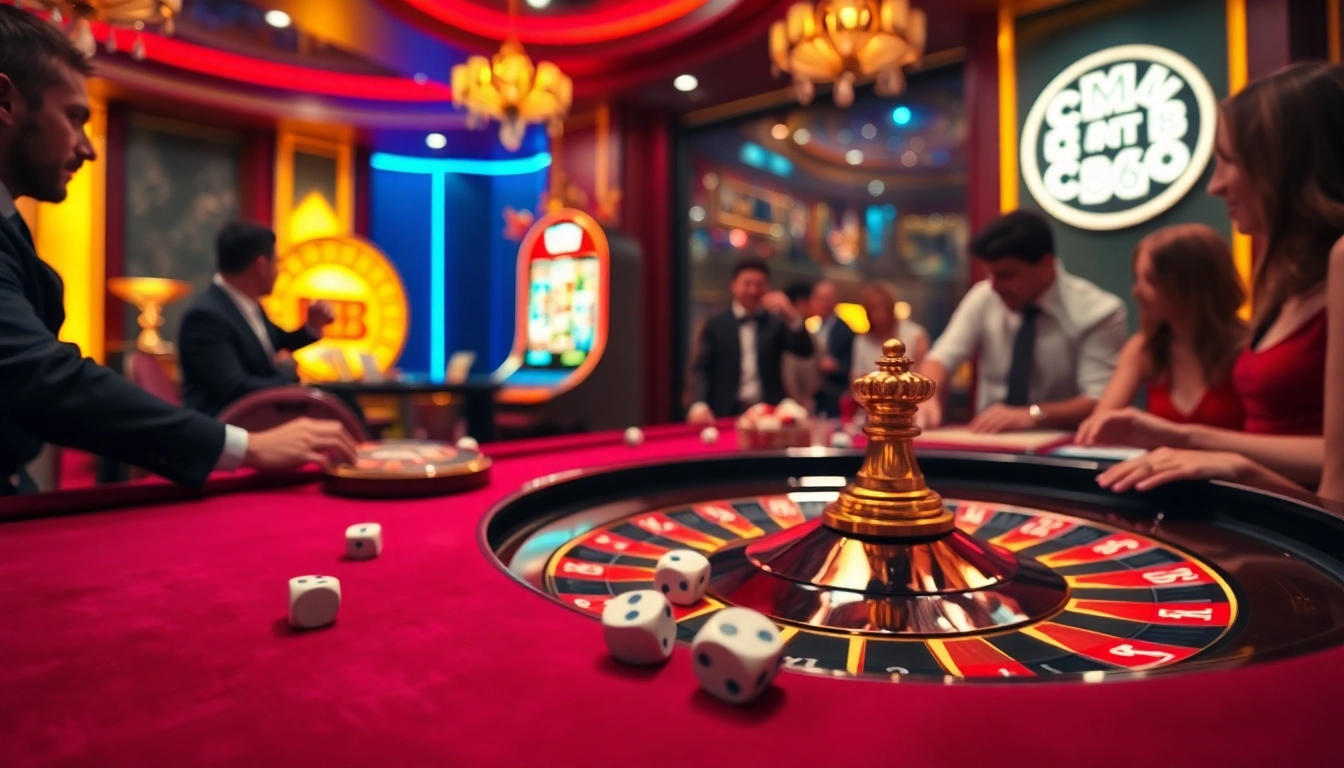 Exciting atmosphere at a casino featuring CM88 elements with roulette and poker tables.