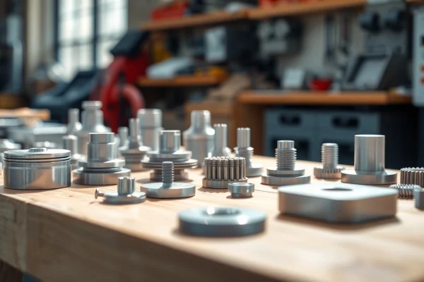 Frästeile auf einem Werkbank, das präzise gefertigt und sorgfältig angeordnet ist.