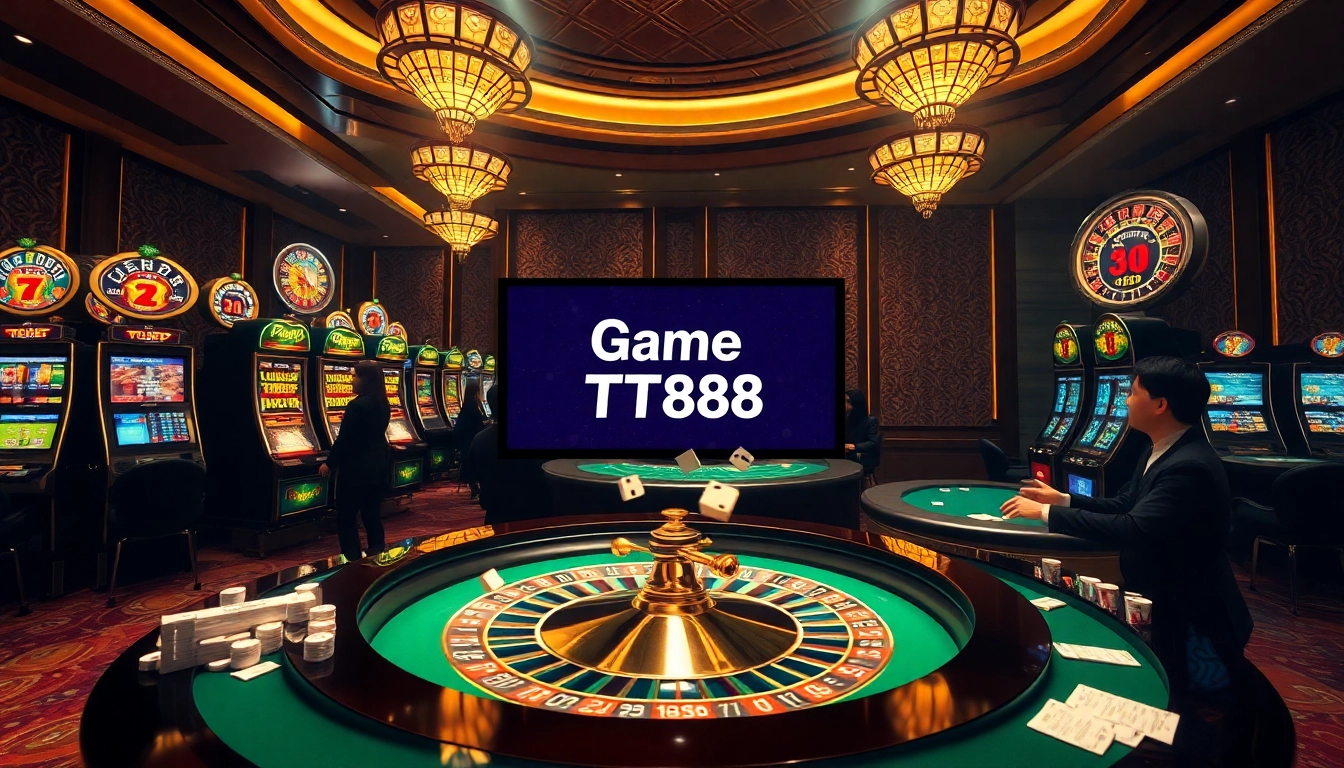 Players engaging in thrilling Game TT88 at a luxurious casino with vibrant slot machines and poker tables.
