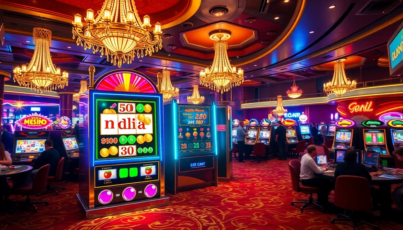 Experience the thrill of playing nổ hũ at a vibrant casino with colorful slot machines and excited gamblers.
