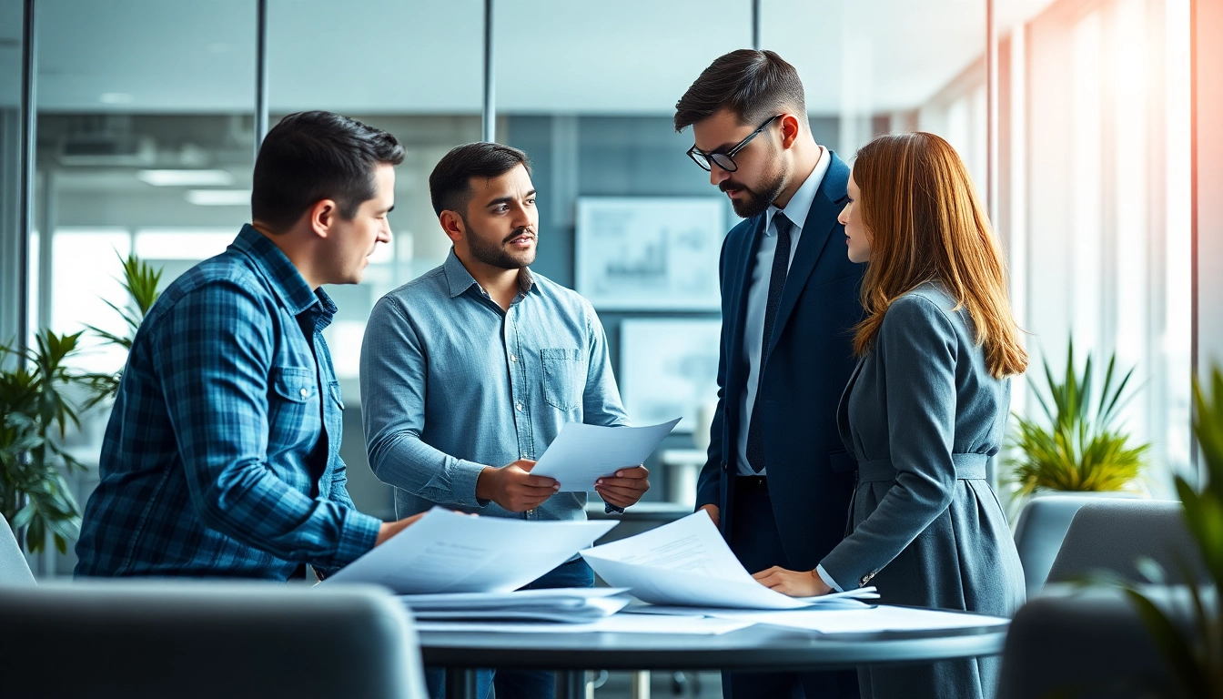 Headhunter Ingenieure beraten Ingenieure in einem modernen Büro mit technischen Unterlagen.